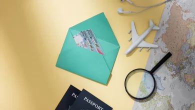 جواز سفر وتذكرة سفر مع مفردات السفر باللغة الإنجليزية